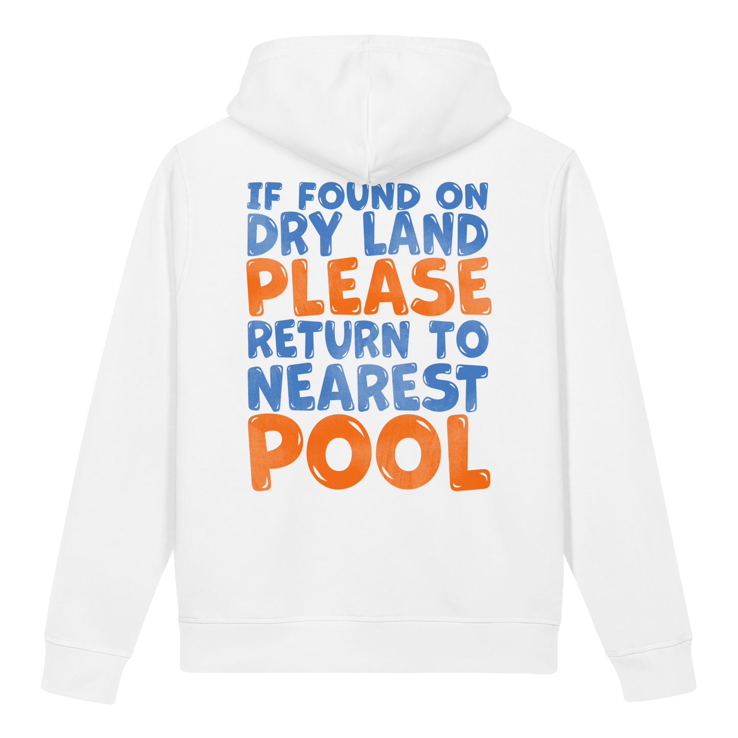 White organic post swim hoodie for swimmers with post-chlorine eczema with colorful swimmers' humor text on the back on a white background