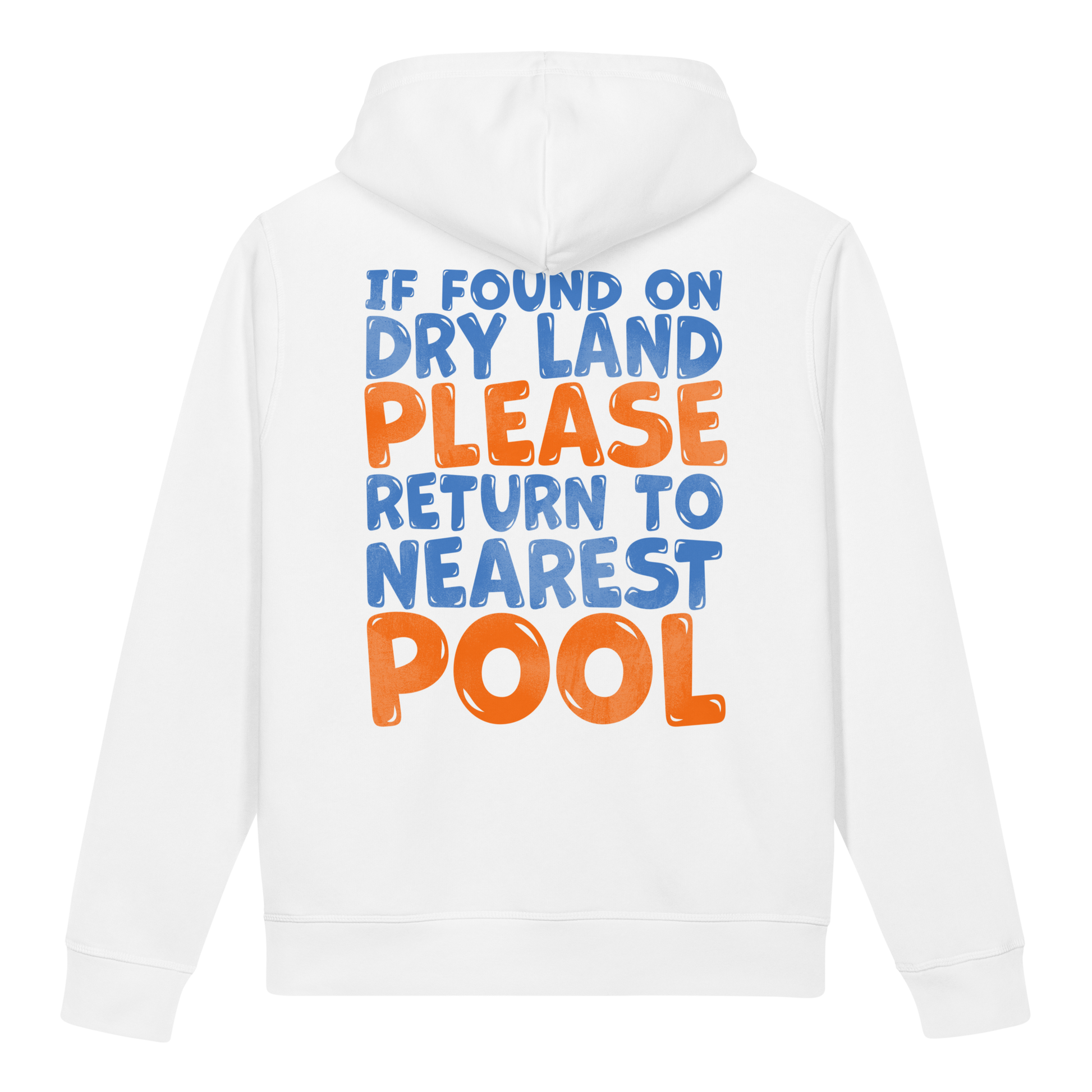 White organic post swim hoodie for swimmers with post-chlorine eczema with colorful swimmers' humor text on the back on a white background