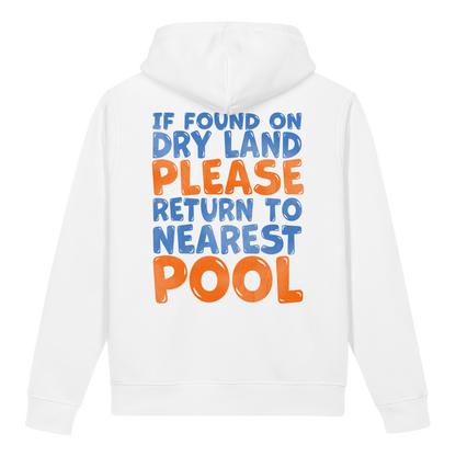 White organic post swim hoodie for swimmers with post-chlorine eczema with colorful swimmers' humor text on the back on a white background