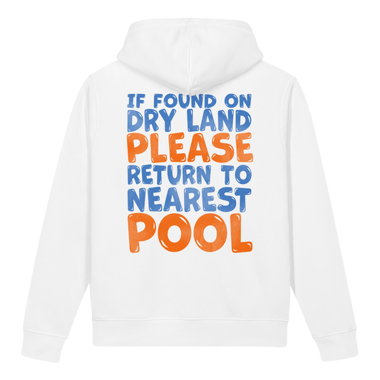 White post swim organic hoodie for swimmers with post-chlorine eczema with colorful swimmers' humor text on the back on a white background