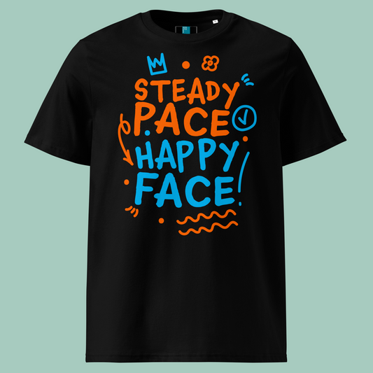 Black organic post swim shirt with colorful text design on a light blue background