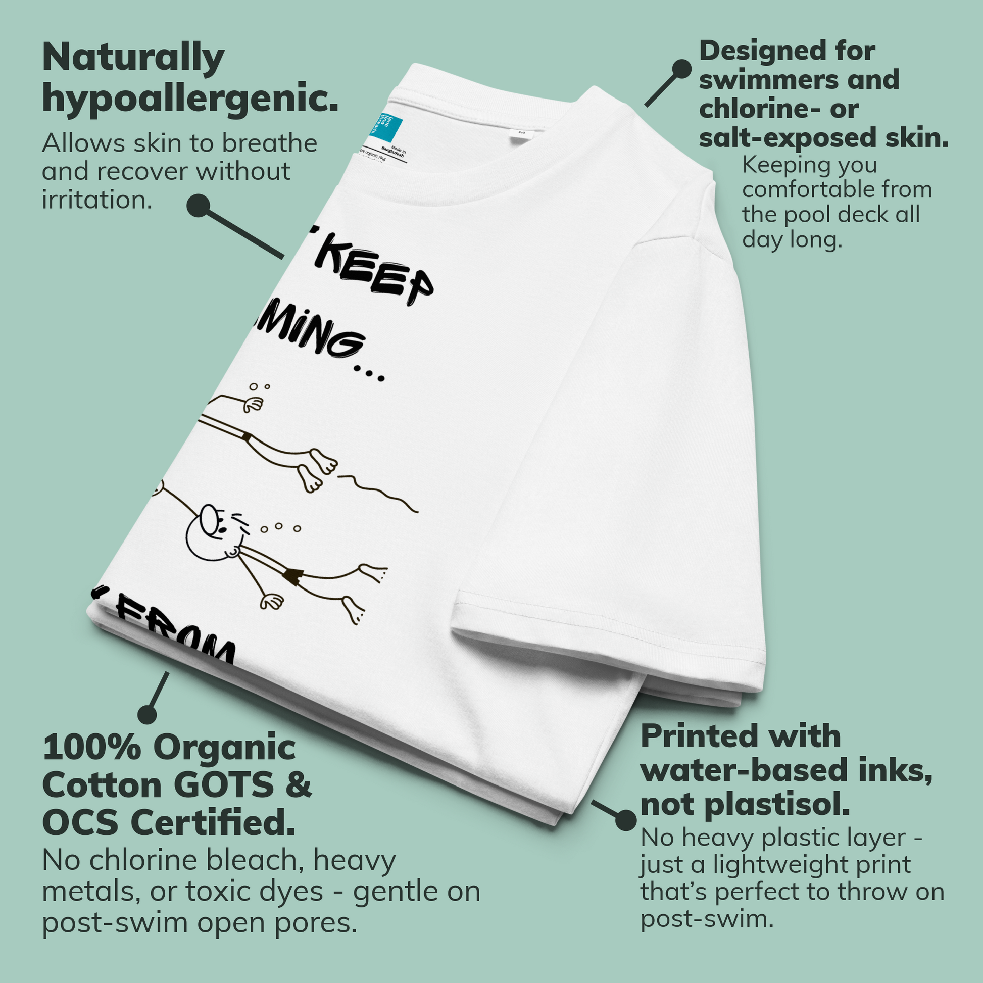 White organic post swim shirt with swim-themed graphic and text highlighting features on a light green background