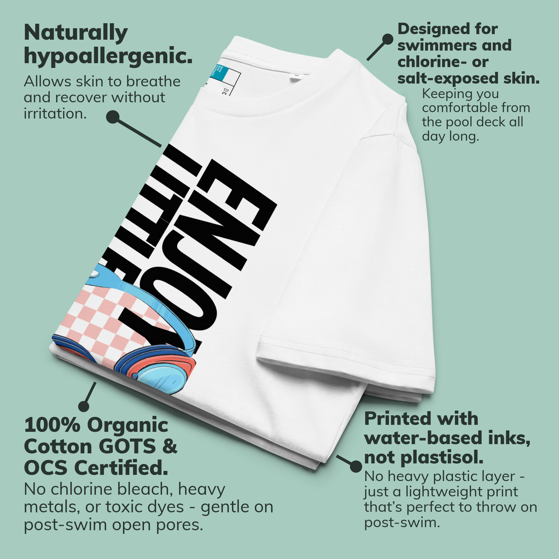 White organic post swim shirt with colorful swim-themed design on a light green background, featuring text about product features.