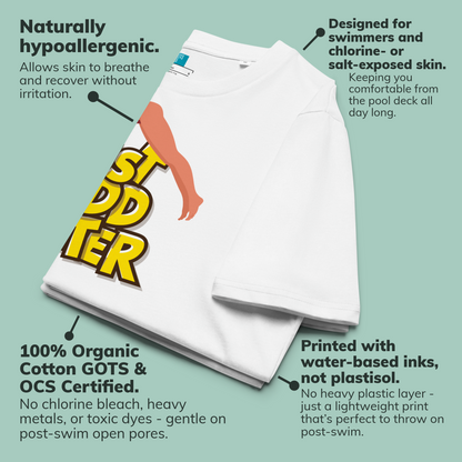 White post swim organic cotton shirt with a colorful graphic on a light green background, featuring text about product features.