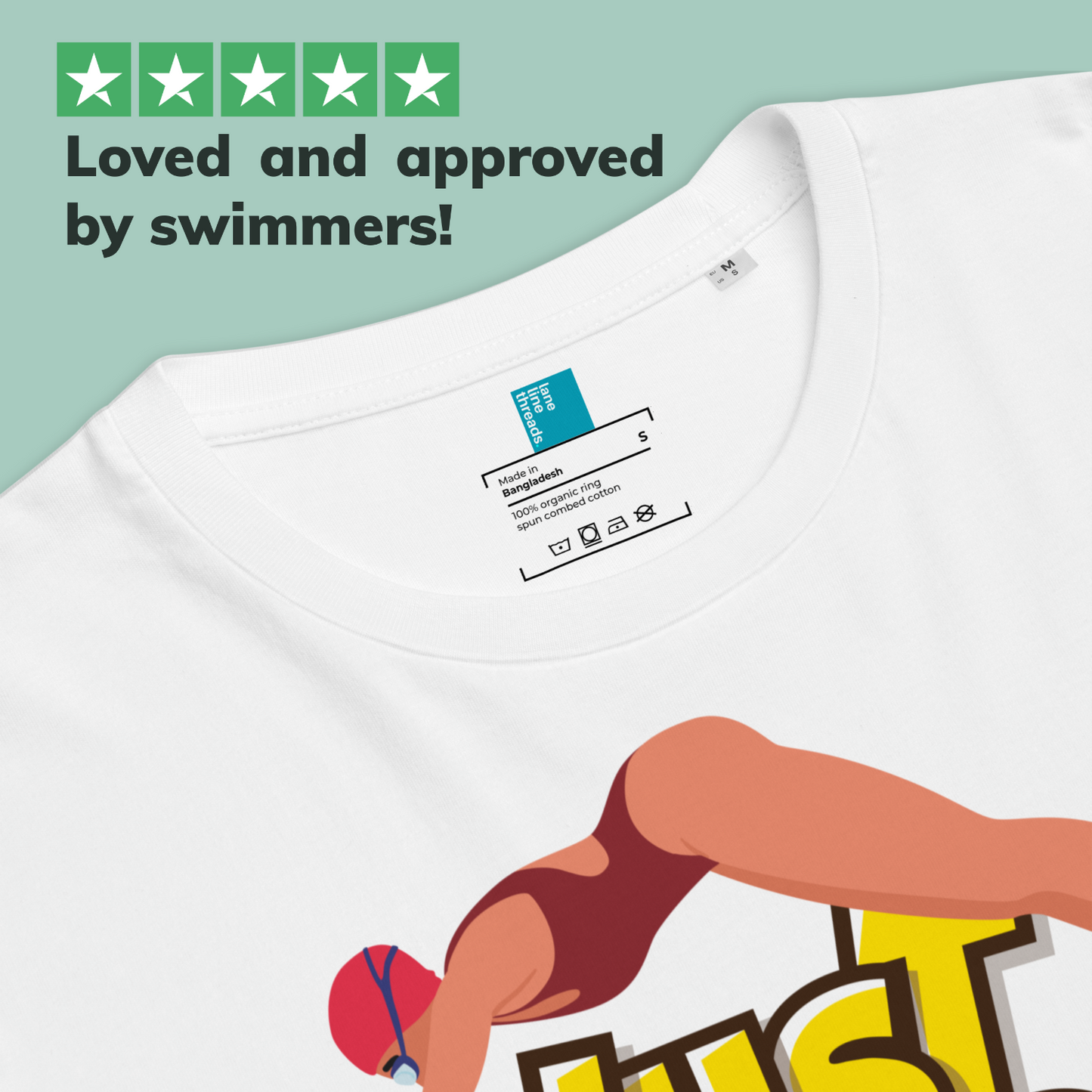 White post swim organic cotton shirt with swimmer graphic and text 'Loved and approved by swimmers!' on a green background