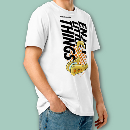 Person wearing a white post swim organic shirt with a swim-themed graphic design on a light green background