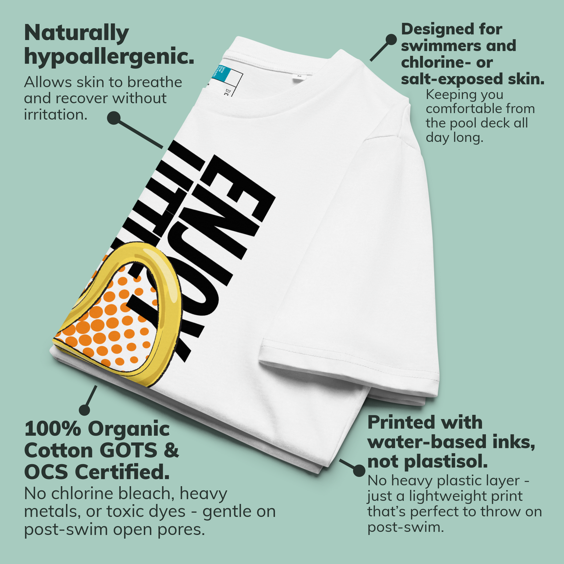 White post swim organic shirt with a colorful swim-themed design on a light green background, featuring text about product features.