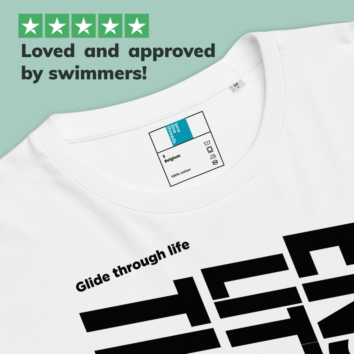 White post swim organic shirt with black swim-themed text and graphic design, featuring a label and text 'Loved and approved by swimmers!'.