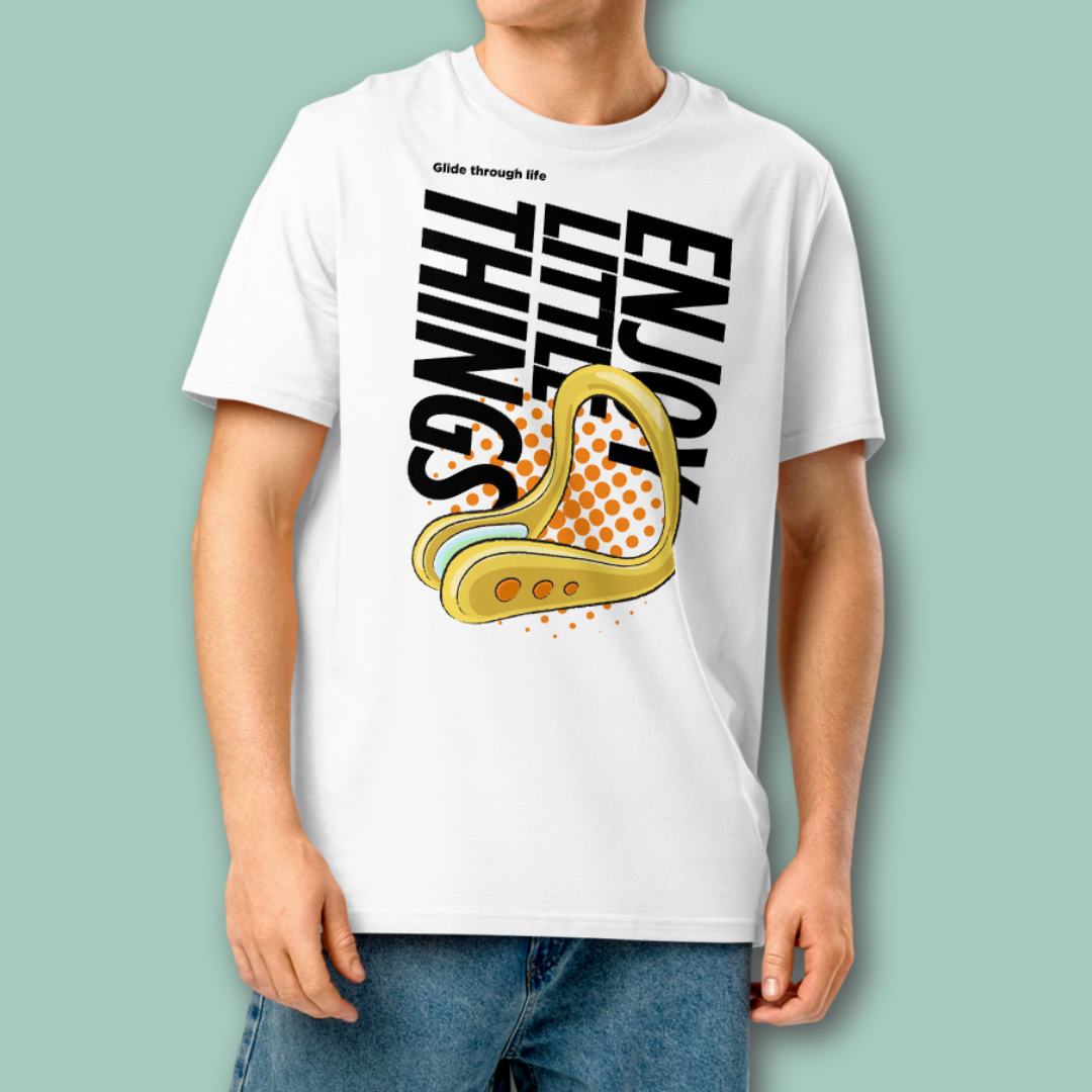 Person wearing a white post swim organic shirt with a swim-themed graphic design on a light green background