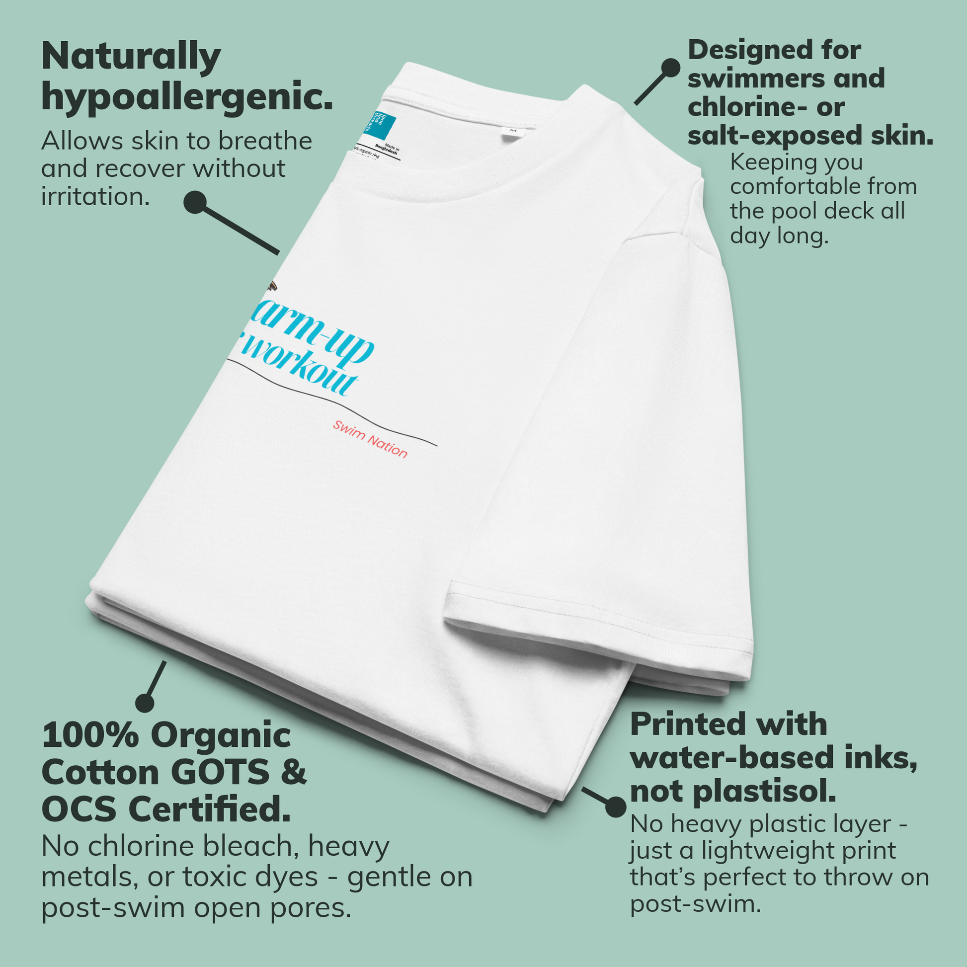 White post swim organic shirt with text highlighting features on a light green background