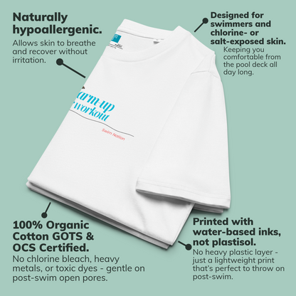 White post swim organic shirt with text highlighting features on a light green background