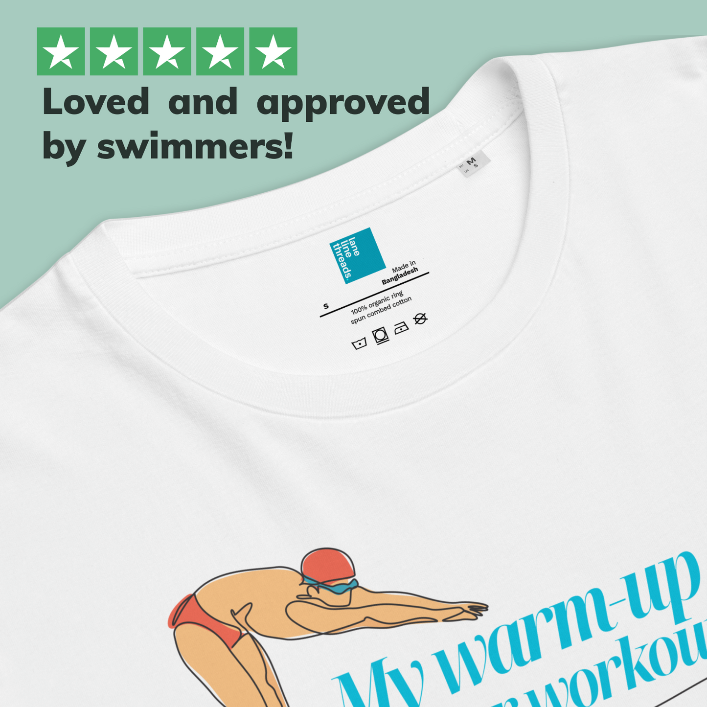White post swim organic shirt with swimmer graphic and text 'My warm-up workout' on a light green background.