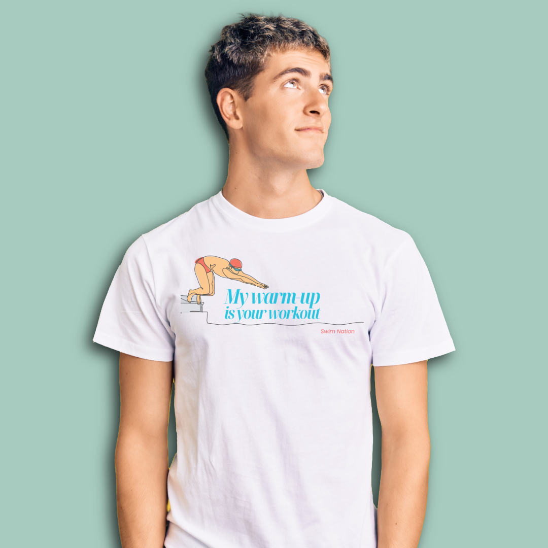Person wearing a white post swim organic shirt with a swim-themed graphic and text on a light green background