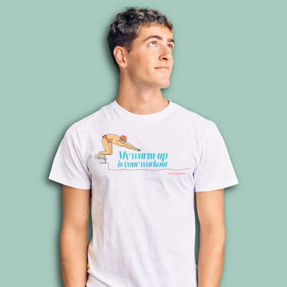 Person wearing a white post swim organic shirt with a swim-themed graphic and text on a light green background