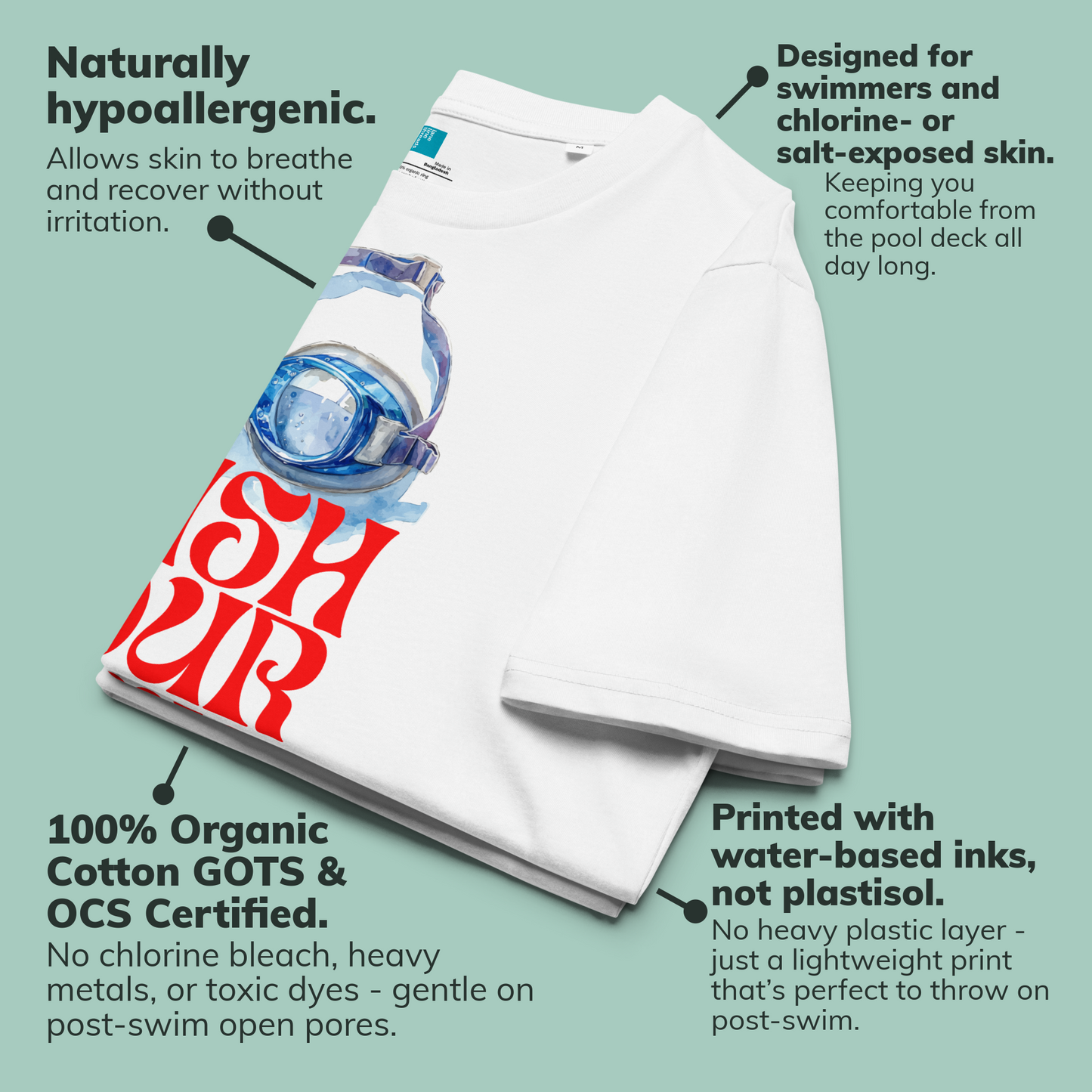 White post swim organic shirt with a red and white design on a light green background, featuring text about product features.