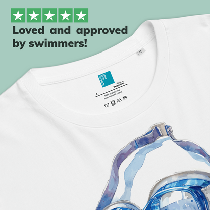 White post swim organic shirt with swim goggles on a light green background, featuring text 'Loved and approved by swimmers!'.