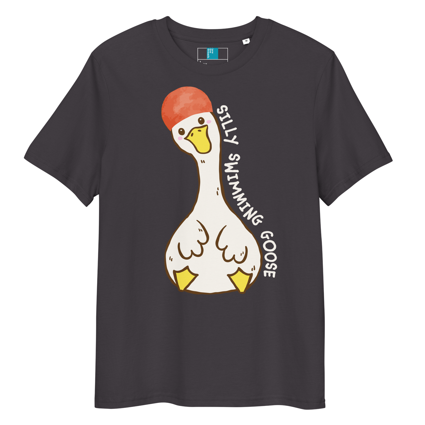 Anthracite post swim organic cotton t-shirt with a swim-themed cartoon goose design and 'silly swimming goose' text on a white background
