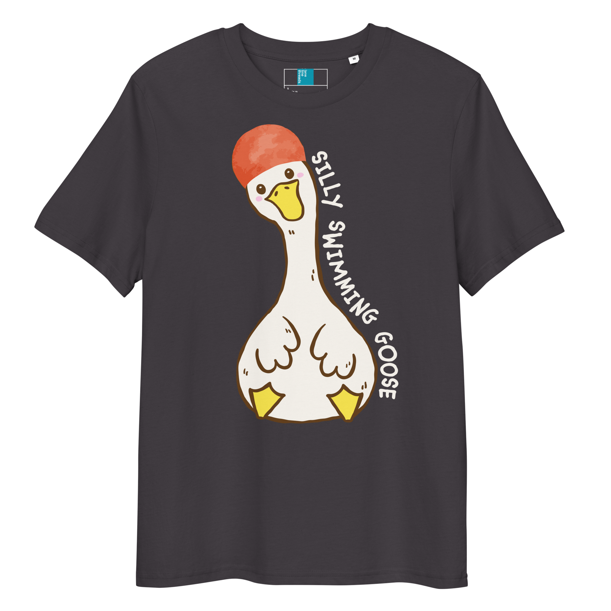 Anthracite post swim organic cotton t-shirt with a swim-themed cartoon goose design and 'silly swimming goose' text on a white background