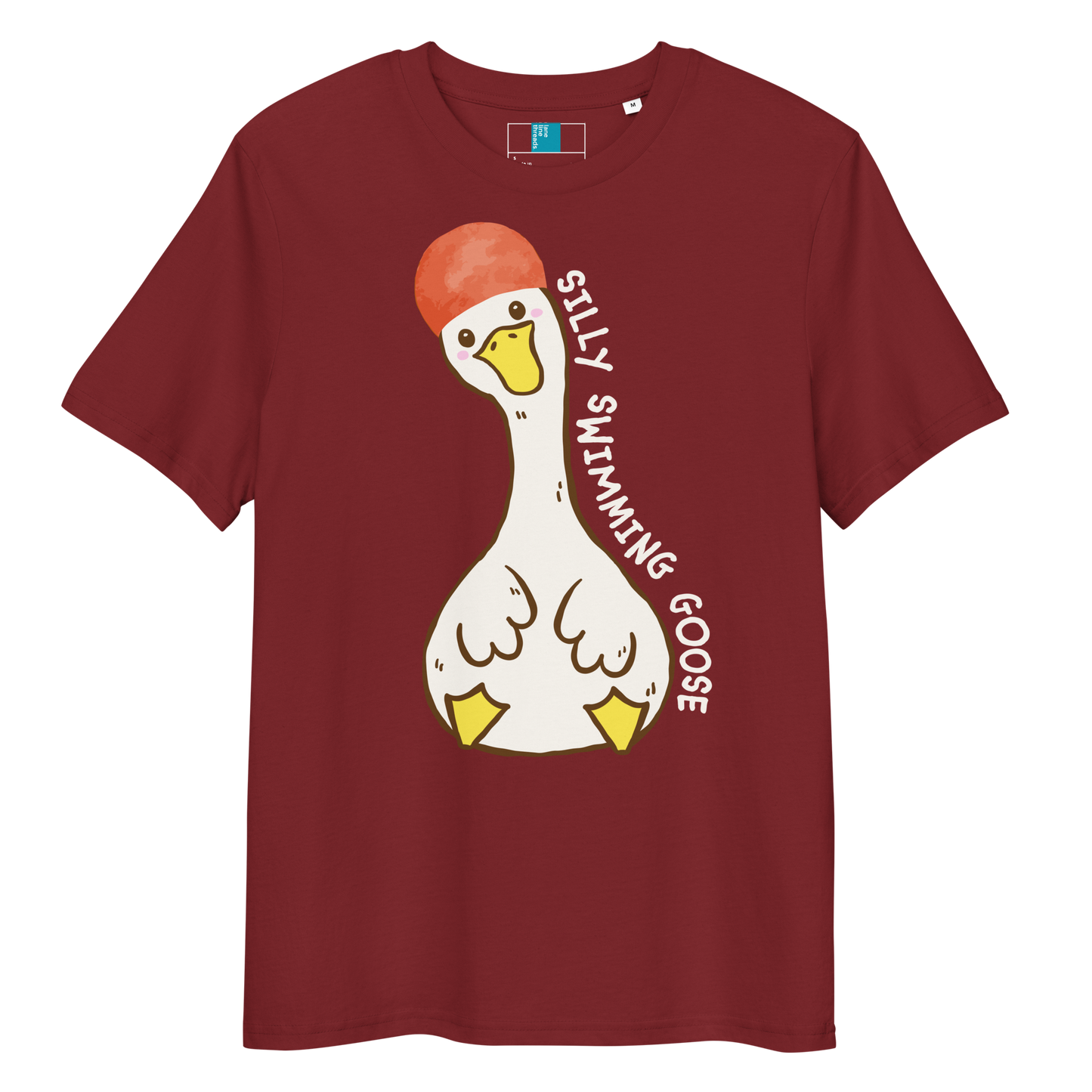 Red post swim organic cotton t-shirt with a swim-themed cartoon goose design and 'silly swimming goose' text on a white background