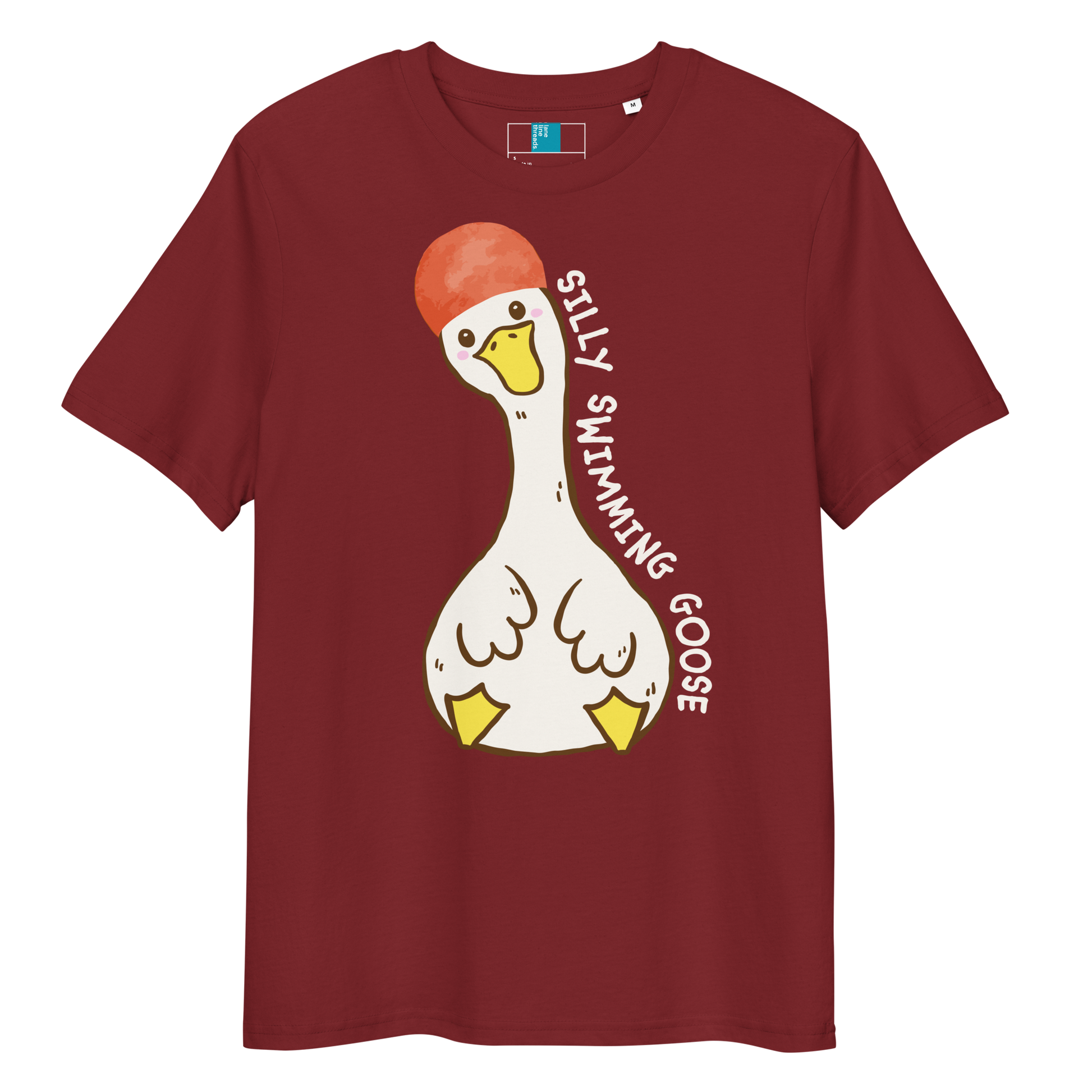Red post swim organic cotton t-shirt with a swim-themed cartoon goose design and 'silly swimming goose' text on a white background
