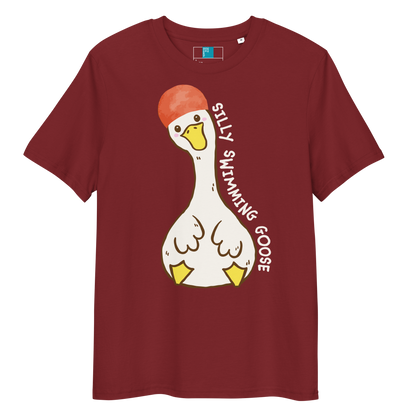 Red post swim organic cotton t-shirt with a swim-themed cartoon goose design and 'silly swimming goose' text on a white background