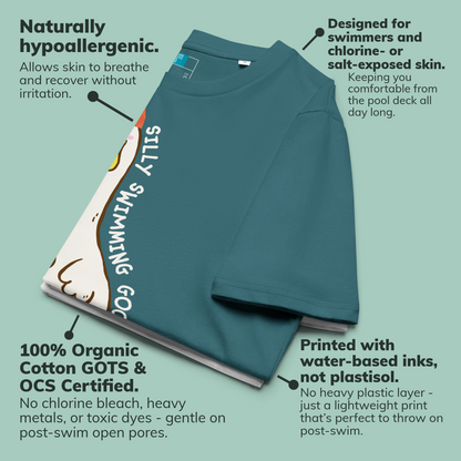 Teal post swim organic cotton t-shirt with "silly swimming goose" text highlighting its features on a light green background