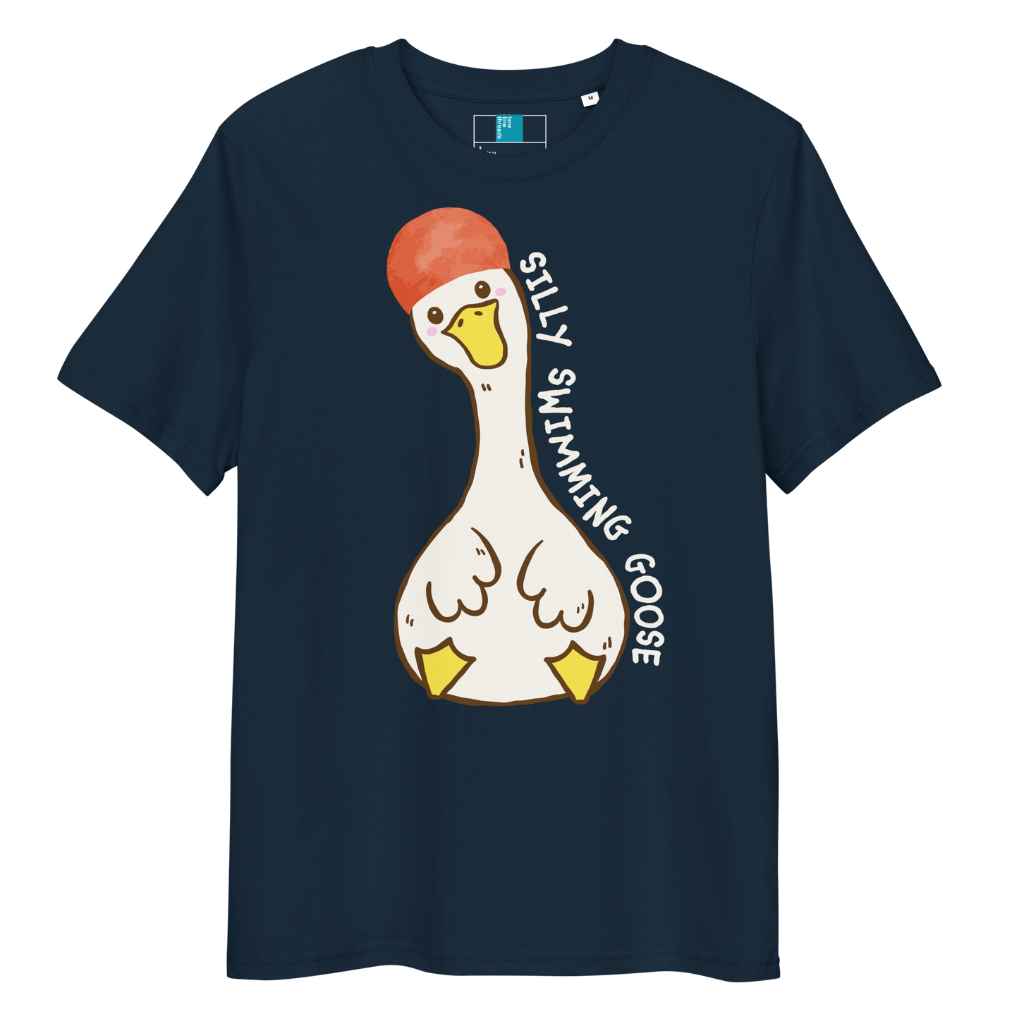 Navy blue post swim organic cotton t-shirt with a swim-themed cartoon goose design and 'silly swimming goose' text on a white background