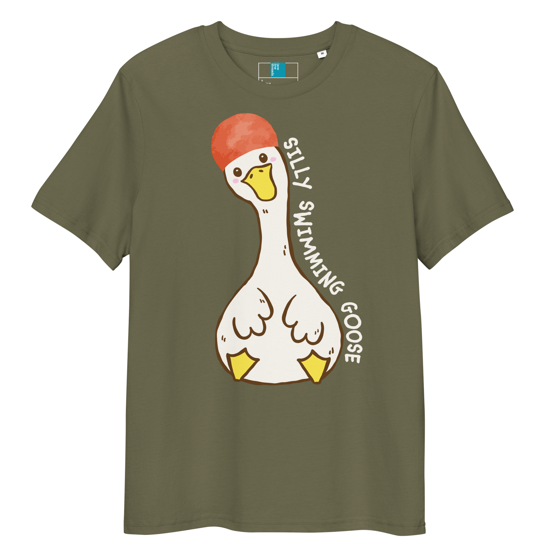 Khaki post swim organic cotton t-shirt with a swim-themed cartoon goose design and 'silly swimming goose' text on a white background