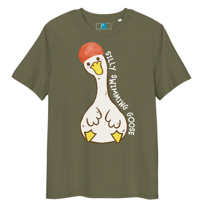 Khaki post swim organic cotton t-shirt with a swim-themed cartoon goose design and 'silly swimming goose' text on a white background