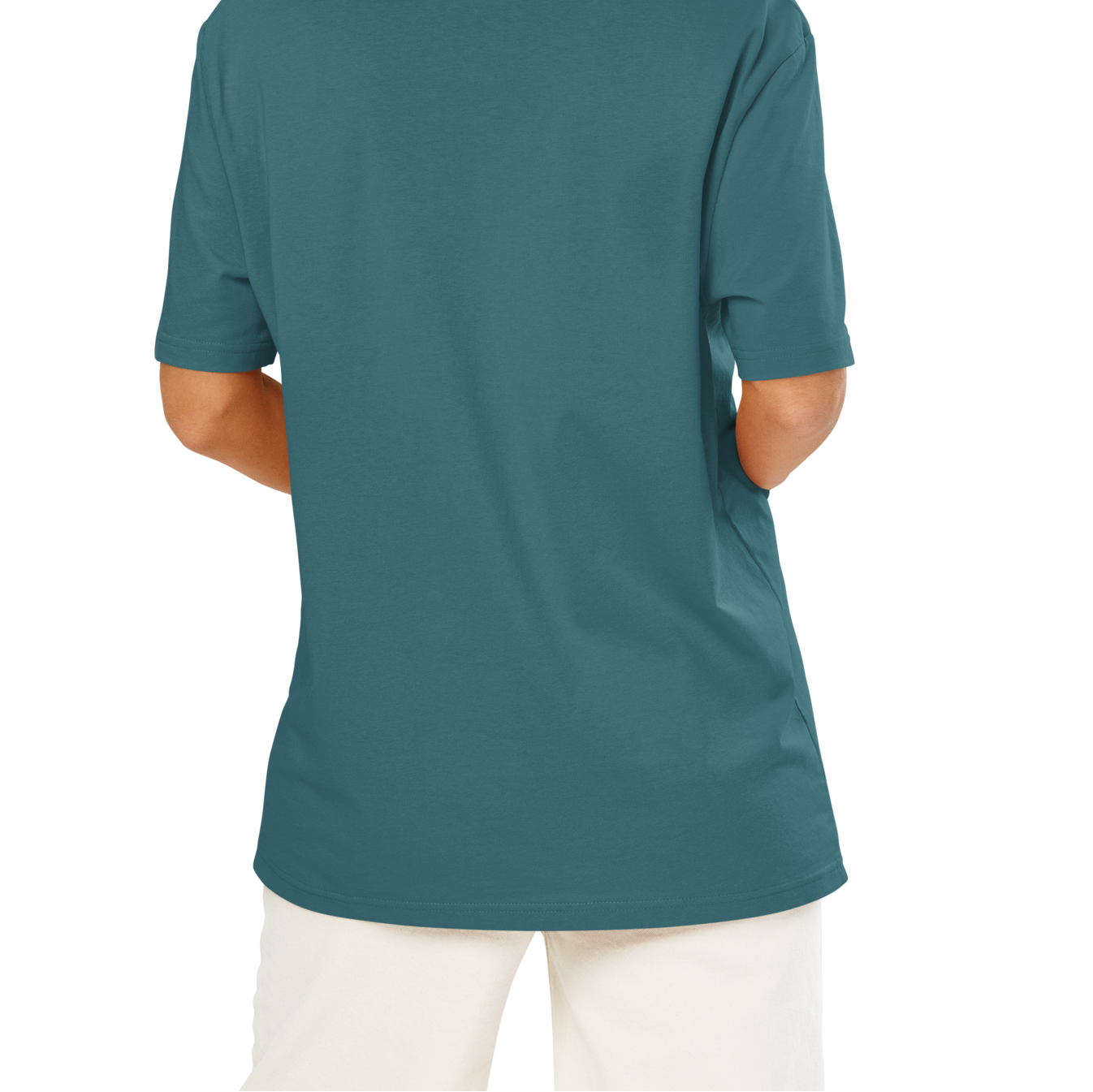 Teal post swim organic cotton t-shirt worn by a person on a white background