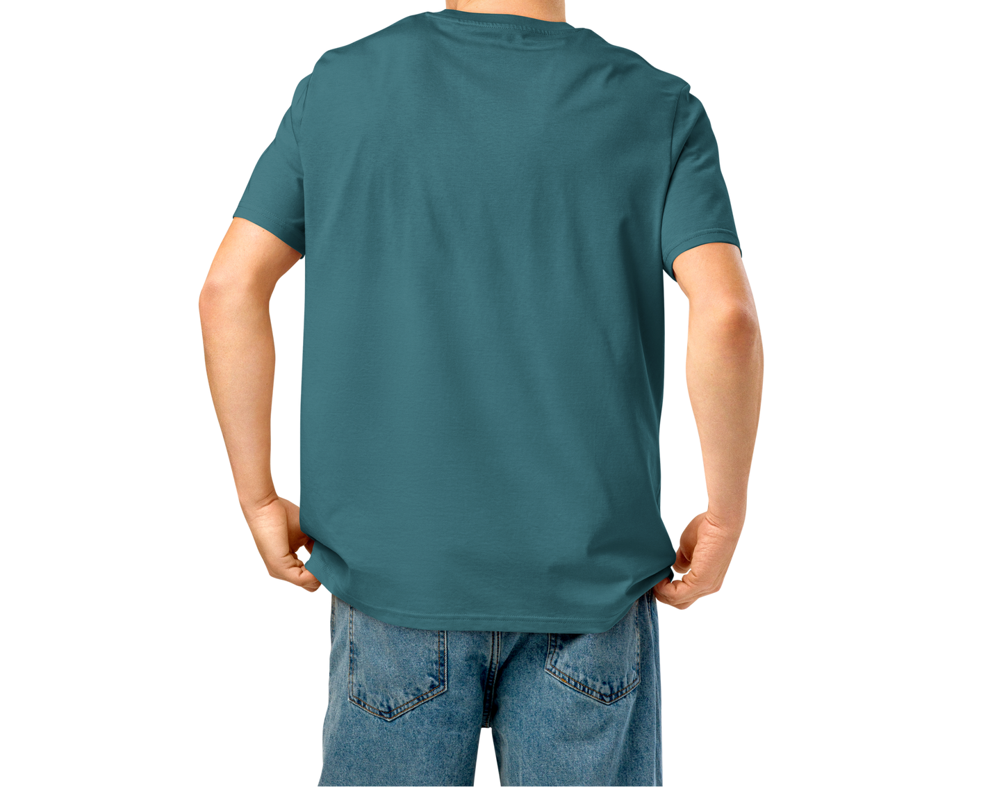 Person wearing a teal post swim organic cotton t-shirt on a white background