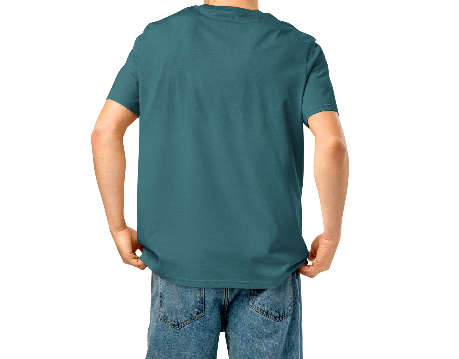 Person wearing a teal post swim organic cotton t-shirt on a white background