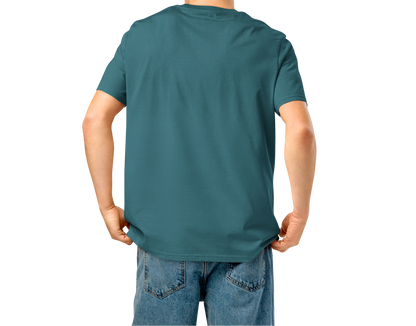 Person wearing a teal post swim organic cotton t-shirt on a white background