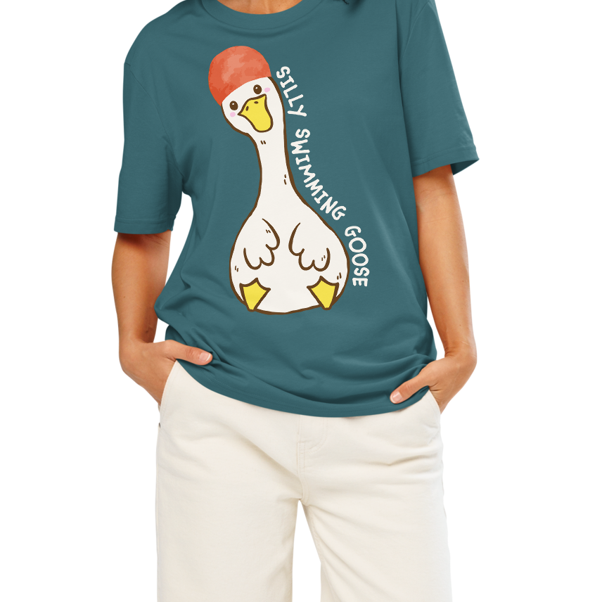 Woman wearing a teal post swim organic cotton t-shirt with a swim-themed graphic design on a white background
