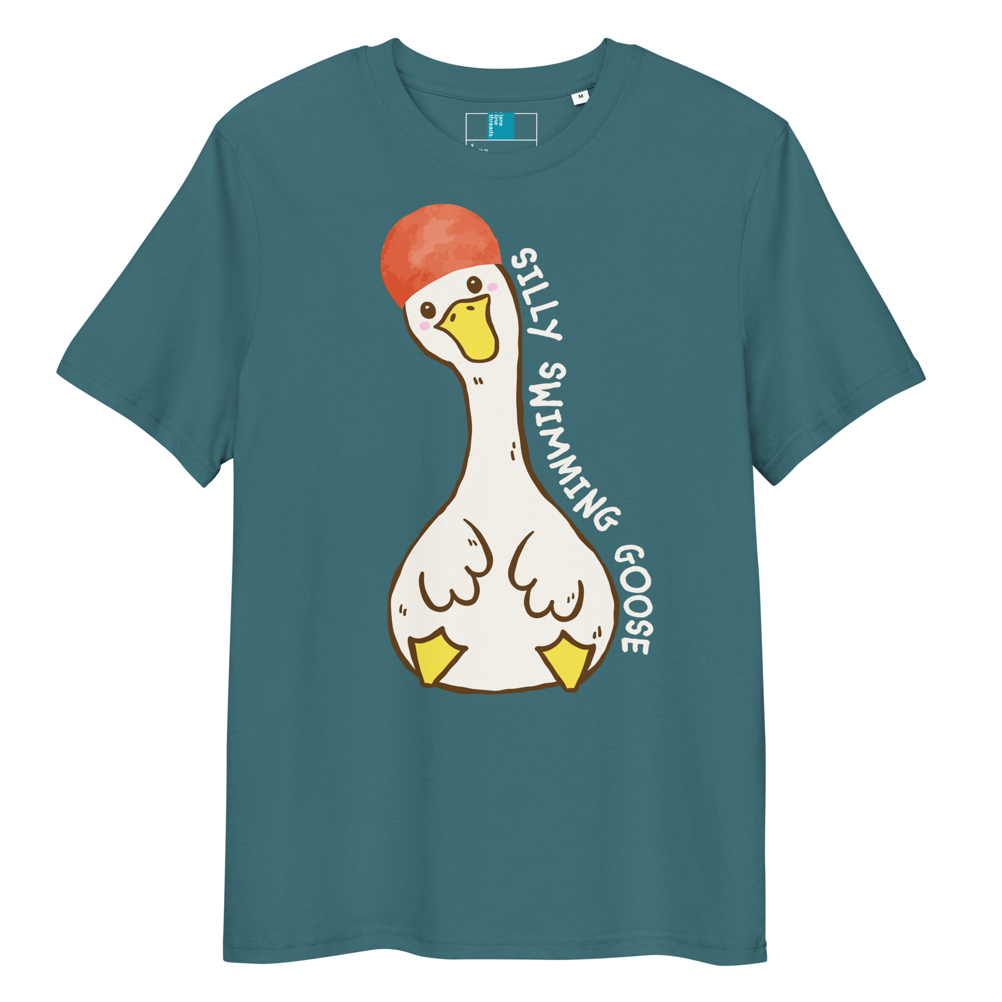 Teal post swim organic cotton t-shirt with a swim-themed cartoon goose design and 'silly swimming goose' text on a white background