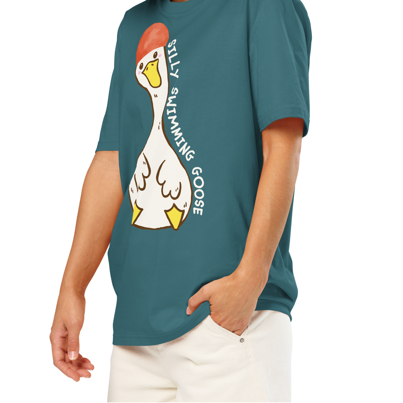 Woman wearing a teal post swim organic cotton t-shirt with a swim-themed graphic design on a white background