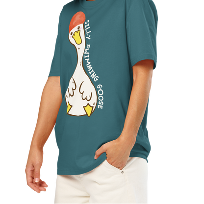 Woman wearing a teal post swim organic cotton t-shirt with a swim-themed graphic design on a white background
