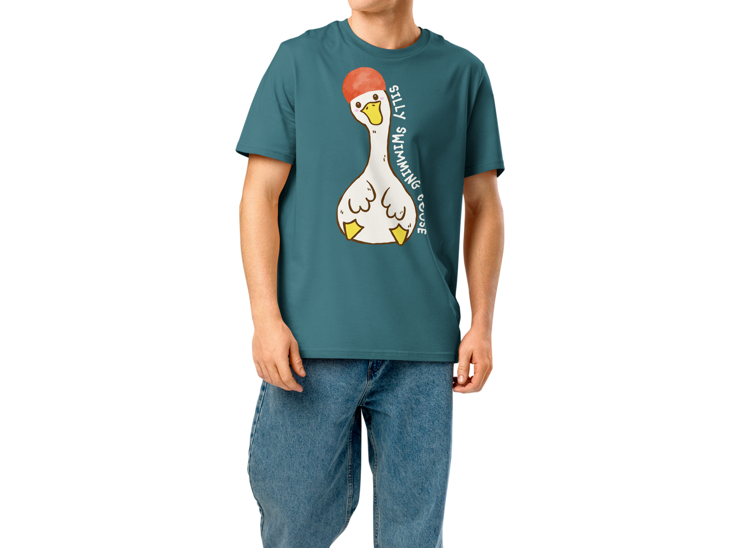 Person wearing a teal post swim organic cotton t-shirt with a swim-themed graphic design on a white background
