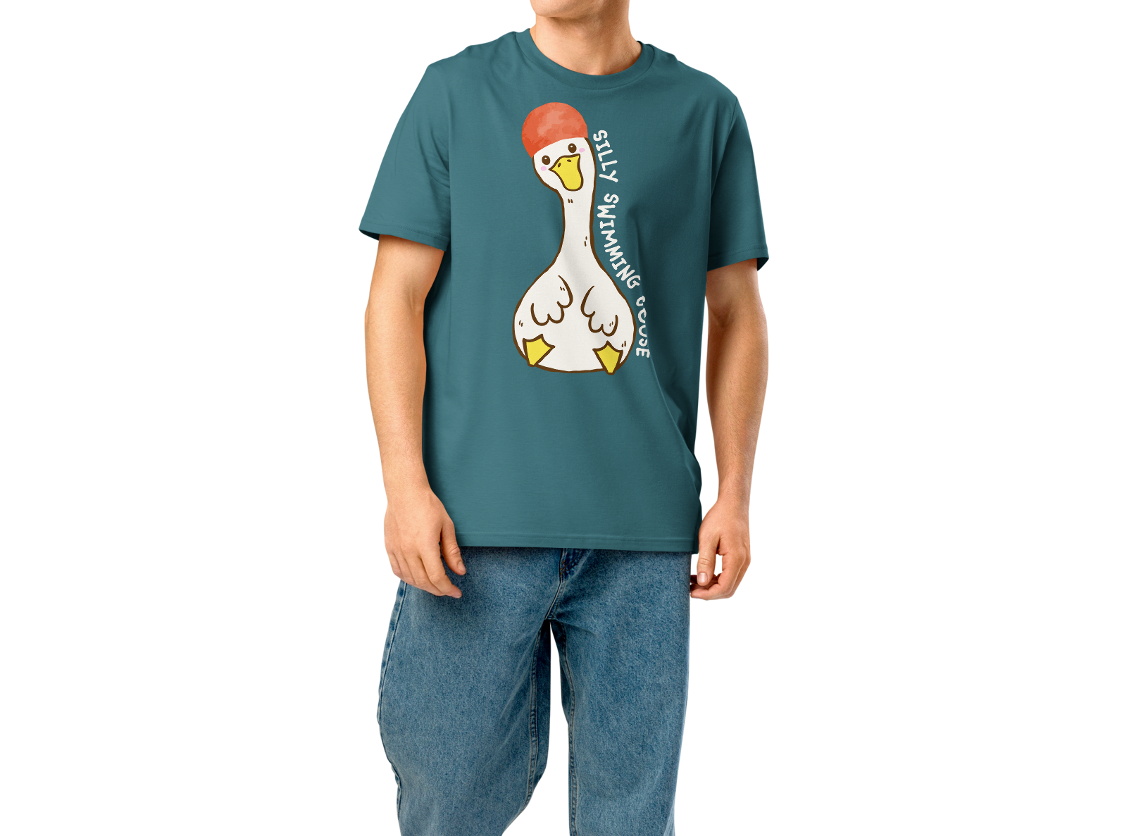 Person wearing a teal post swim organic cotton t-shirt with a swim-themed graphic design on a white background