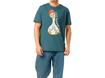 Person wearing a teal post swim organic cotton t-shirt with a swim-themed graphic design on a white background