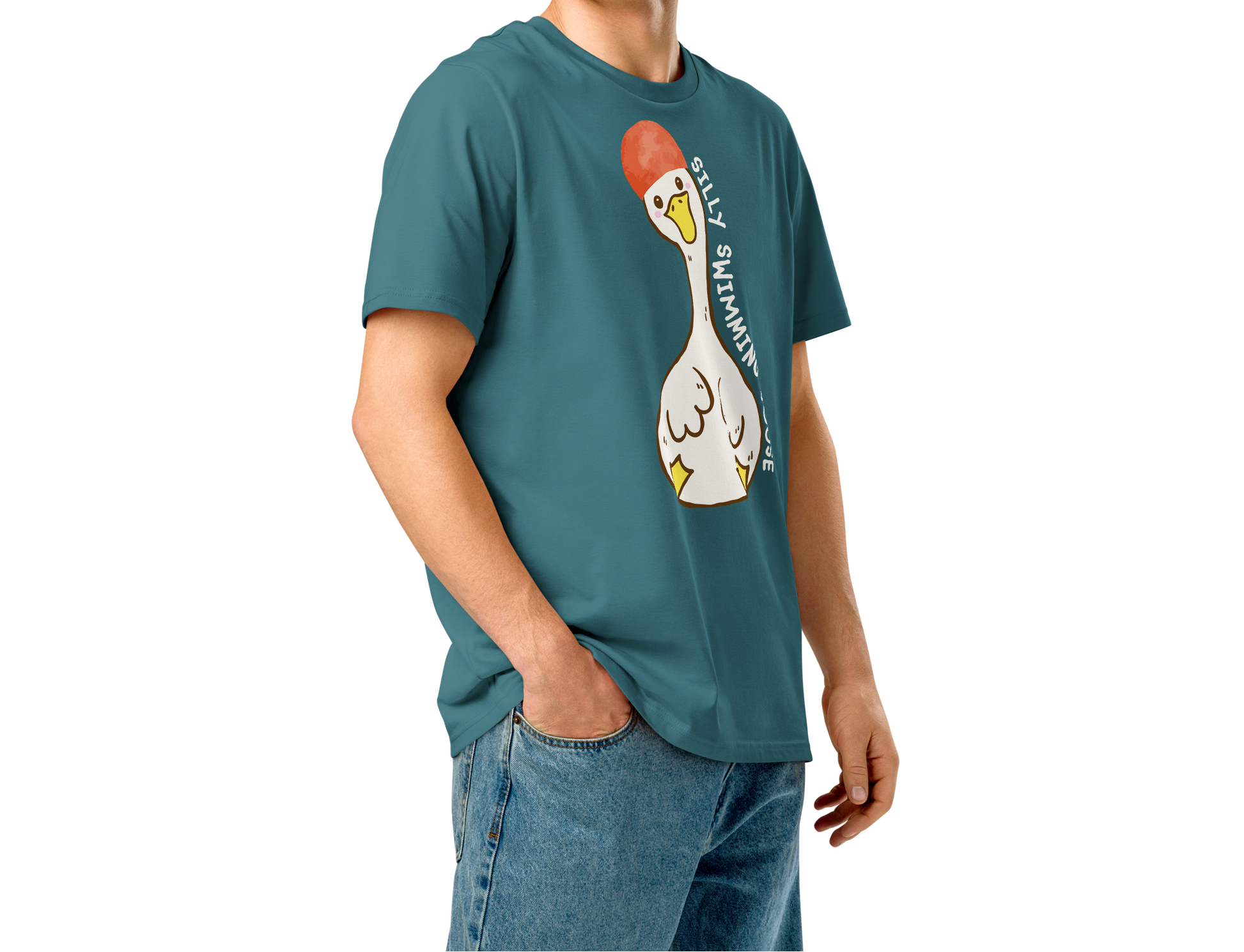 Person wearing a teal post swim organic cotton t-shirt with a swim-themed cartoon goose design on a white background