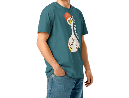Person wearing a teal post swim organic cotton t-shirt with a swim-themed cartoon goose design on a white background