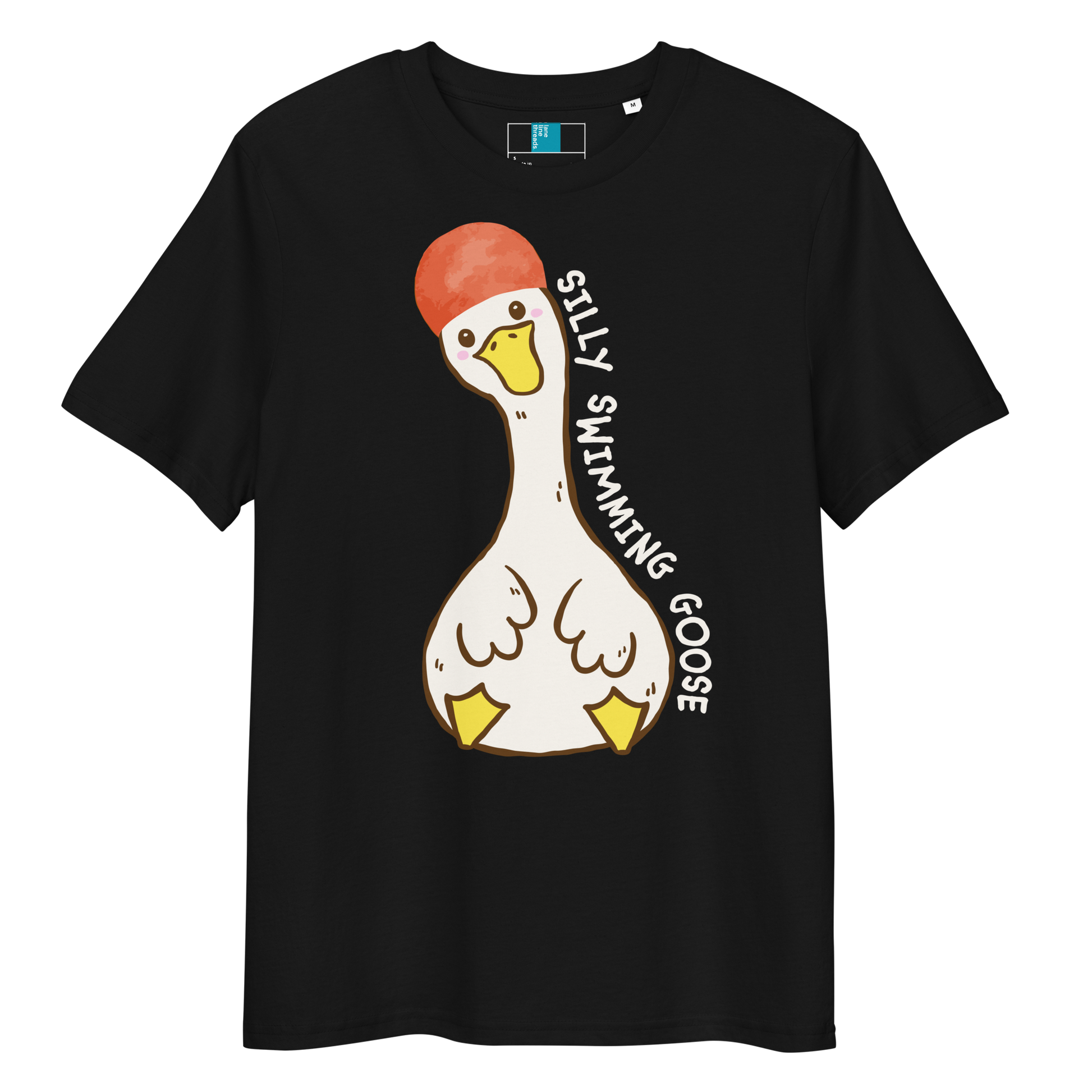 Black post swim organic cotton t-shirt with a swim-themed cartoon goose design and 'silly swimming goose' text on a white background