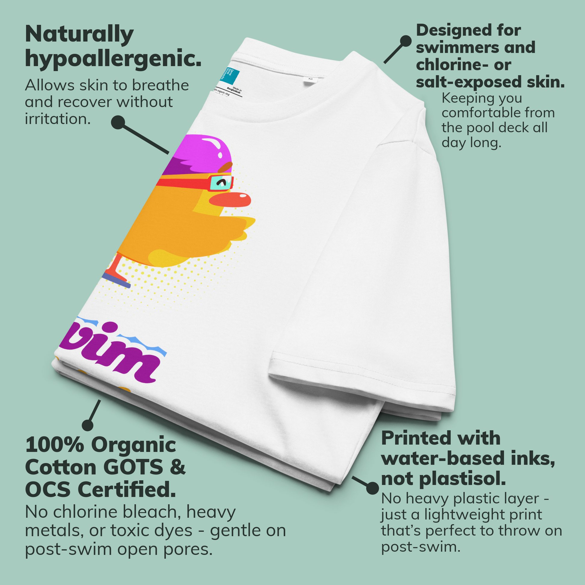 White post swim organic shirt with colorful swim-themed design on a light green background, featuring Lane Line Threads branding.