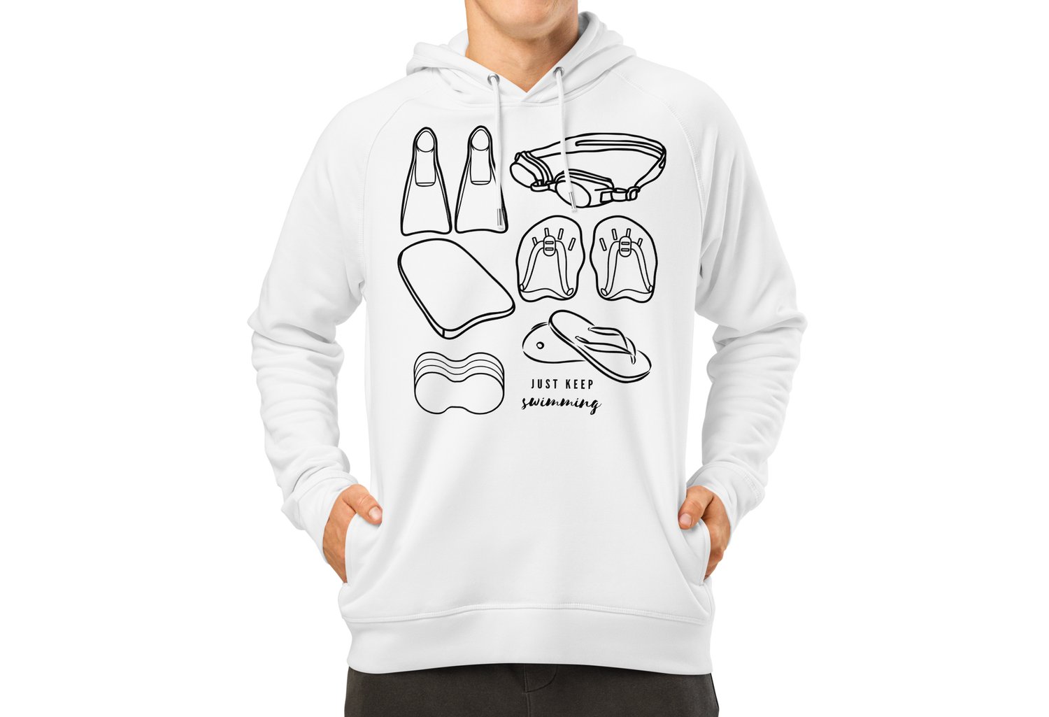 Person wearing a white organic swim hoodie with black swim gear graphics and "keep swimming" text on a white background