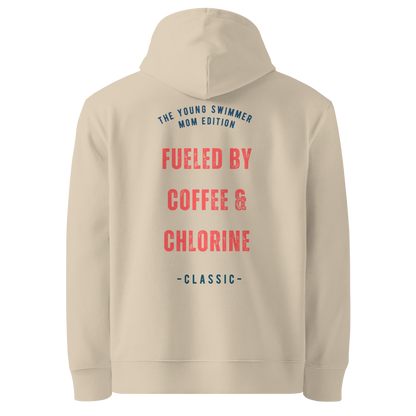Beige organic hoodie with red distressed varsity-style graphic on the back reading "Fueled by Coffee & Chlorine — The Young Swimmer Mom Edition Classic" — swim mom sweatshirt by Lane Line Threads.