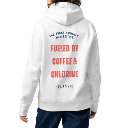Person wearing a white organic hoodie with red distressed varsity-style graphic on the back reading "Fueled by Coffee & Chlorine — The Young Swimmer Mom Edition Classic" — swim mom sweatshirt by Lane Line Threads.