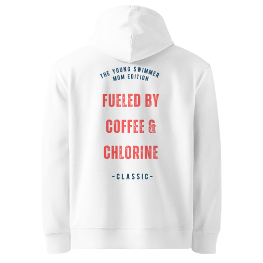White organic cotton hoodie with red distressed varsity-style graphic on the back reading "Fueled by Coffee & Chlorine — The Young Swimmer Mom Edition Classic" — swim mom sweatshirt by Lane Line Threads.