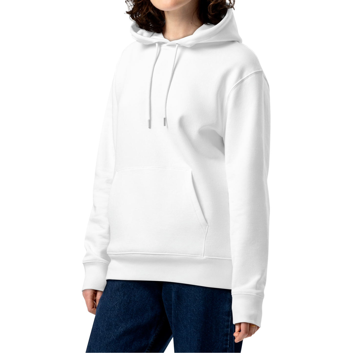 Person wearing a white organic hoodie with a Lane Line Threads logo on a white background