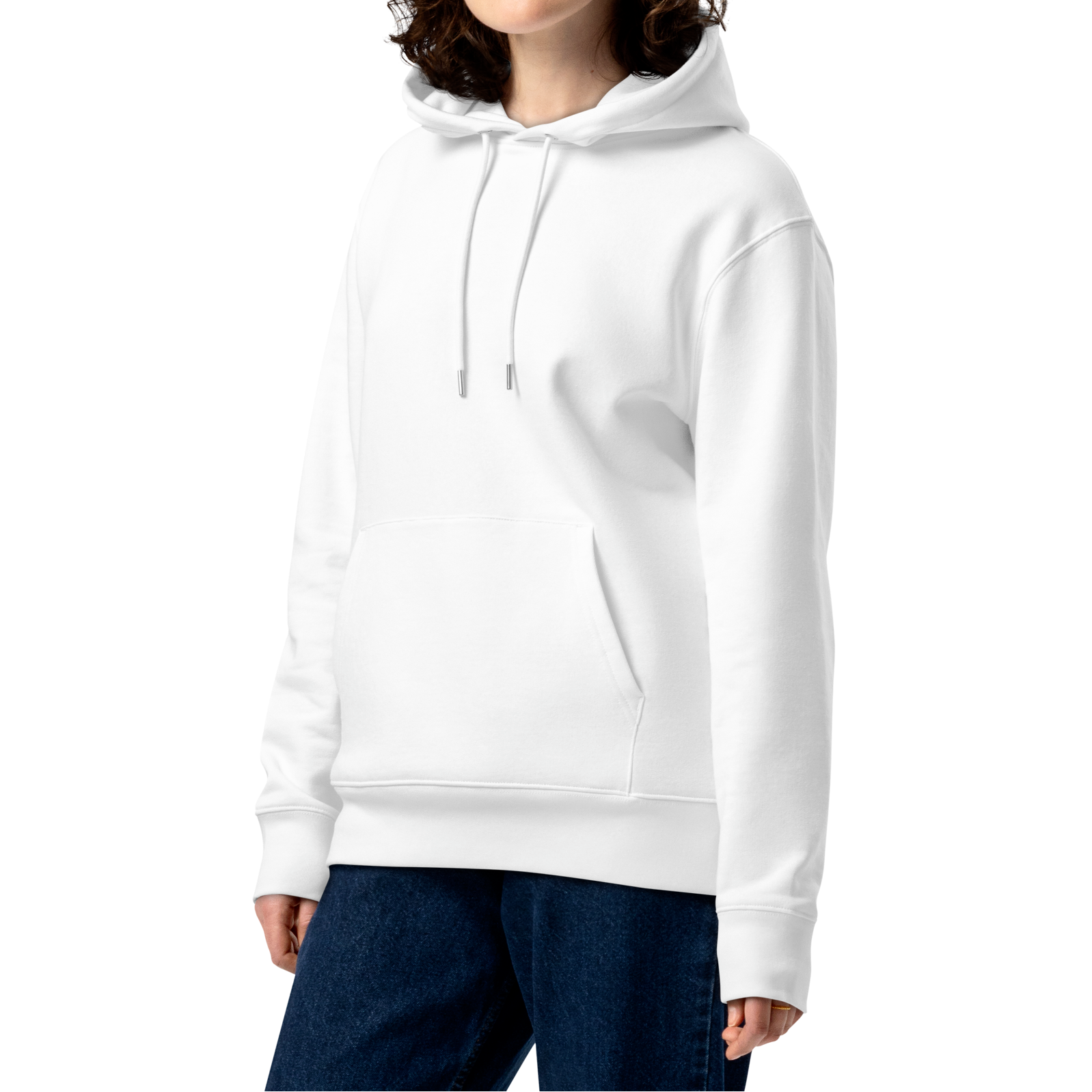 Person wearing a white organic hoodie with a Lane Line Threads logo on a white background